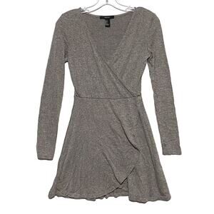 Forever 21 Wrap Skater Dress Gray Cross Over Front V Neck Long Sleeve Juniors S